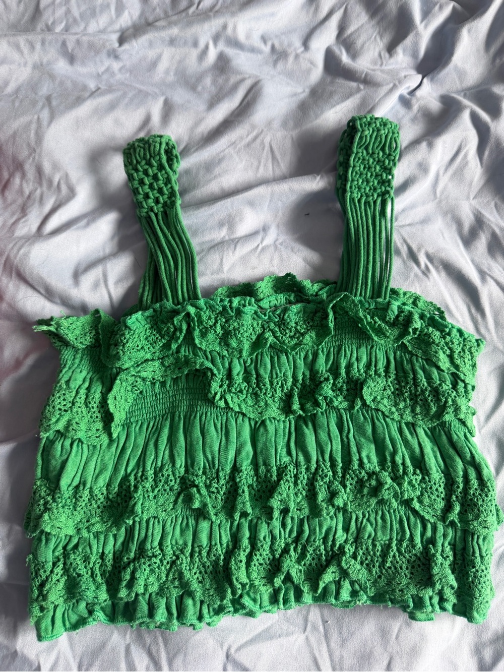 Green Ruffled Crochet Crop Top - Picture 2 of 3